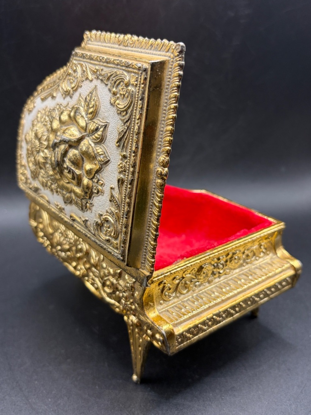 Vintage Grand Piano Gold Tone Rose Floral Hinged Jewelry Box Trinket Box, Japan